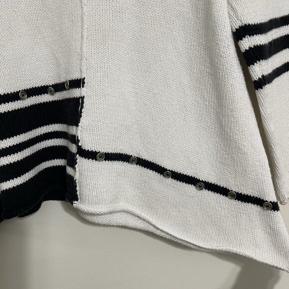 Pure Handknit Cotton Rugby Stripe Sweater White Black Coastal Nautical - Picture 3 of 10